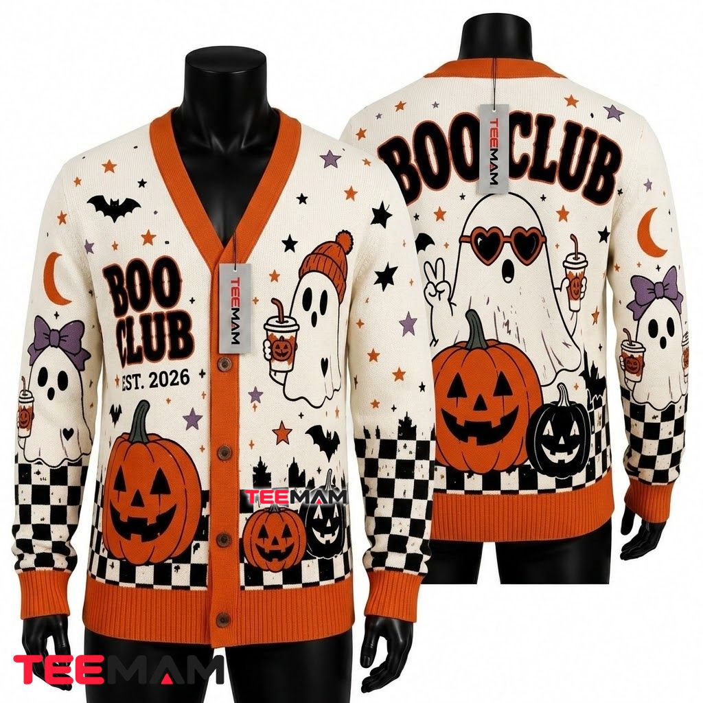 Ghost Halloween Cardigan Boo Club Pumpkin Checkered 1