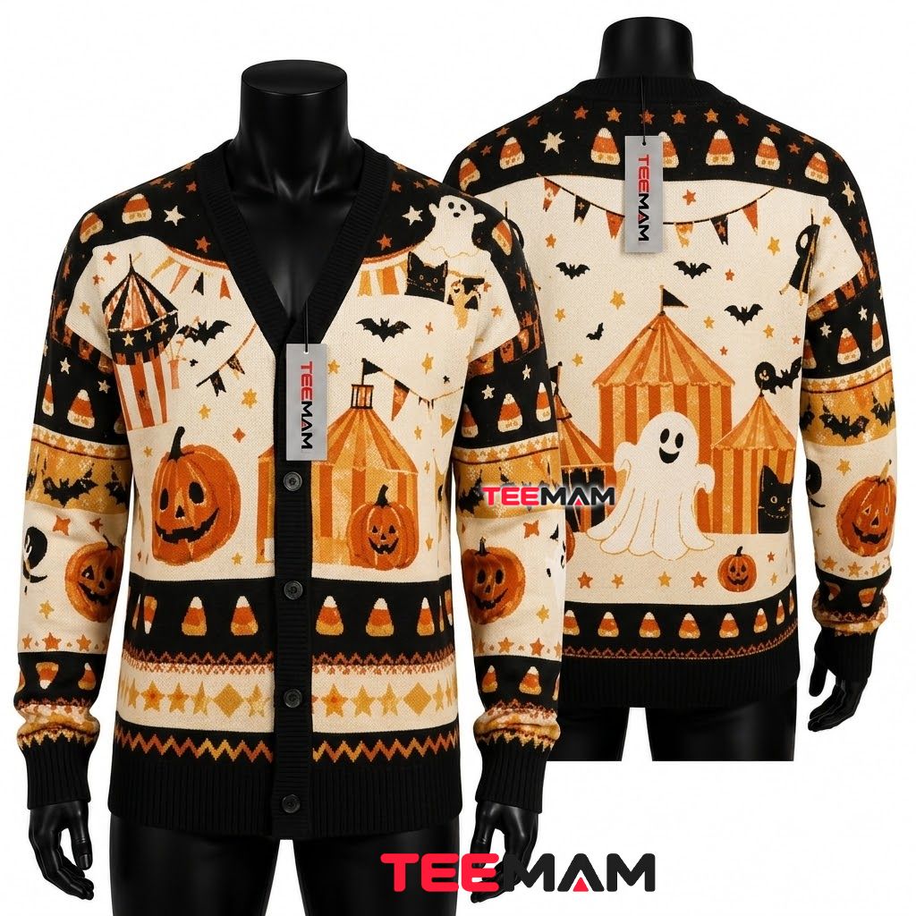Ghost Halloween Cardigan Circus Tent Candy Corn 1