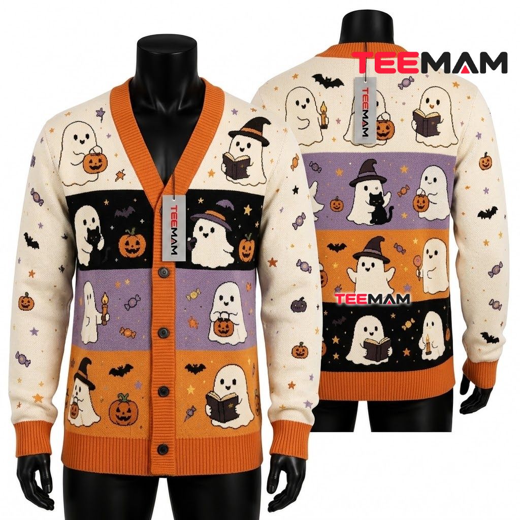 Ghost Halloween Cardigan Cute Multi Stripe Pumpkin 1