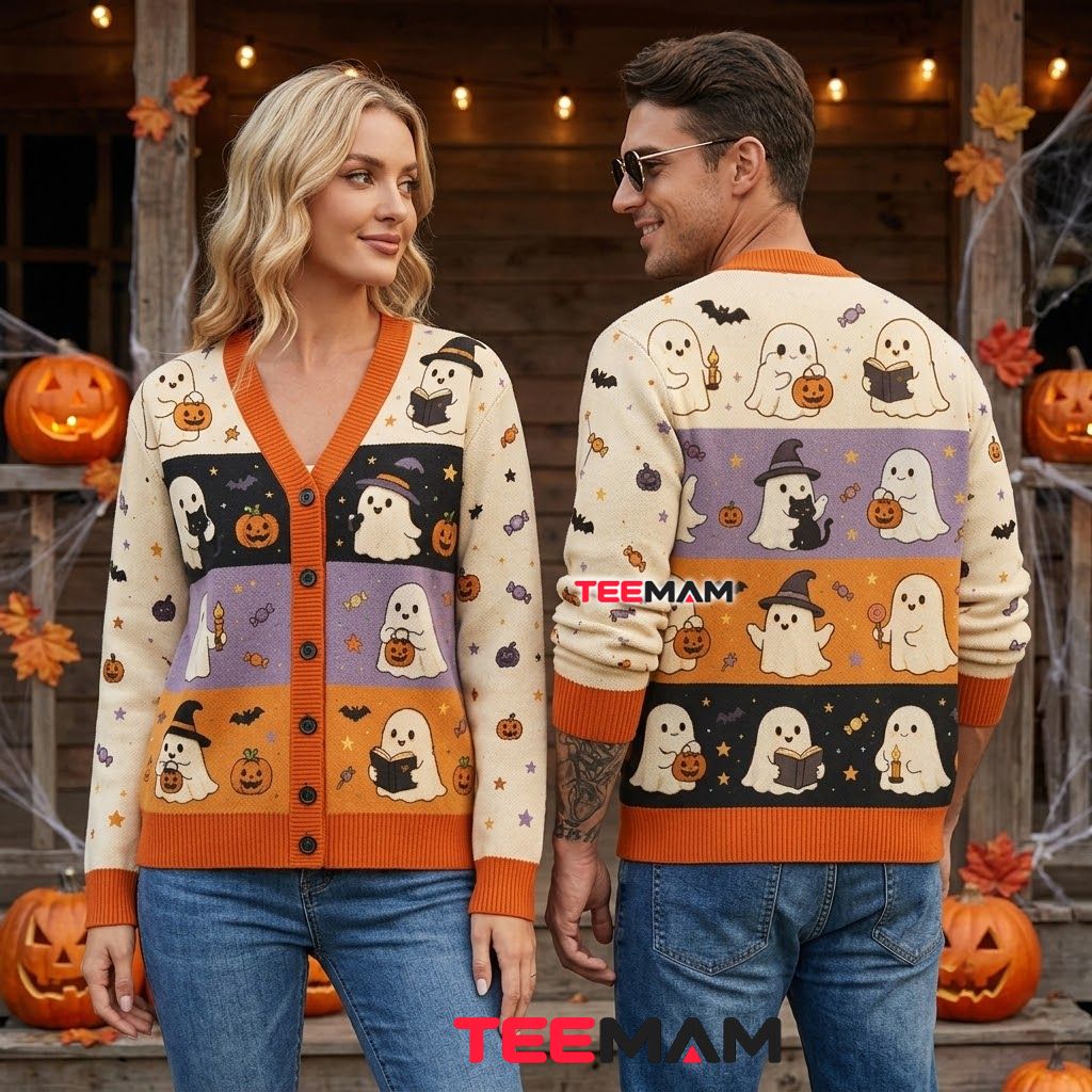 Ghost Halloween Cardigan Cute Multi Stripe Pumpkin 2 Ghost Halloween Cardigan Cute Multi Stripe Pumpkin 2