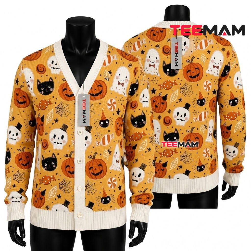 Ghost Halloween Cardigan Cute Pumpkin Skull Print 1