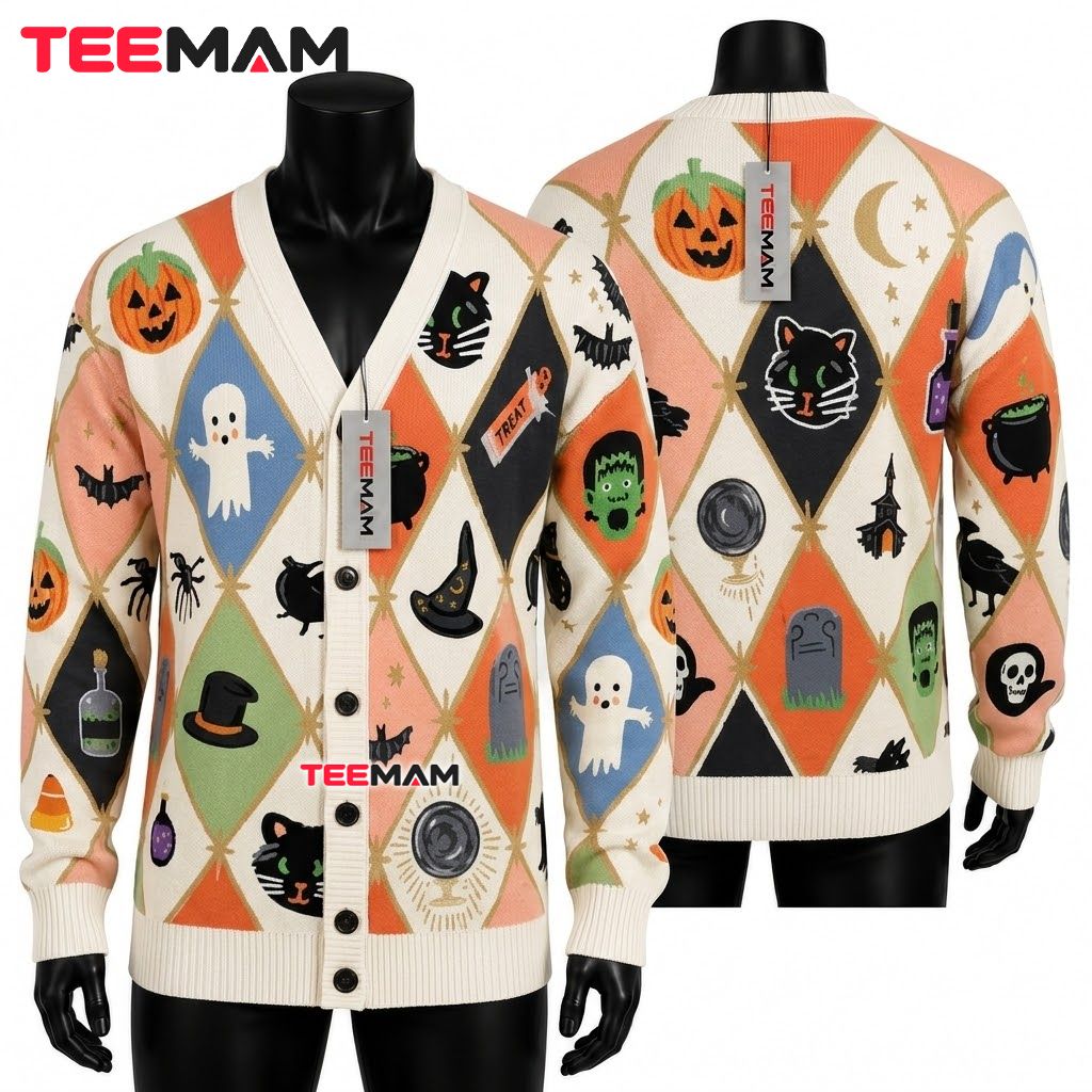 Ghost Halloween Cardigan Diamond Pumpkin Skull 1