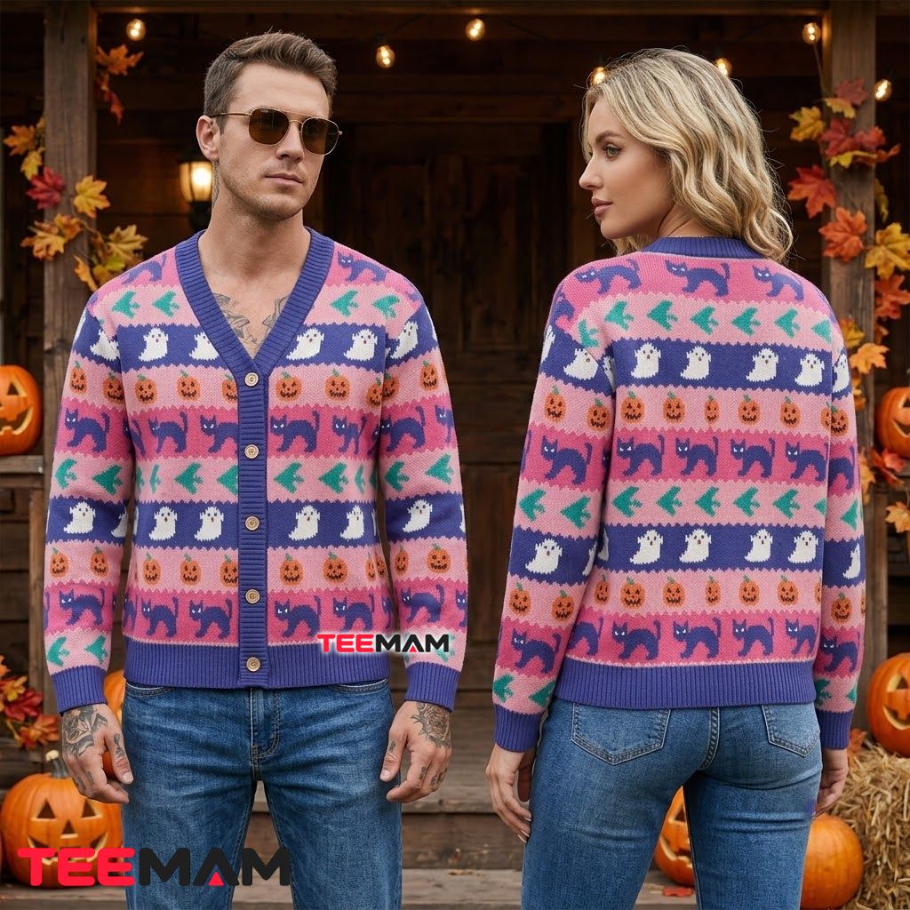 Ghost Halloween Cardigan Pink Striped Black Cat 2 Ghost Halloween Cardigan Pink Striped Black Cat 2