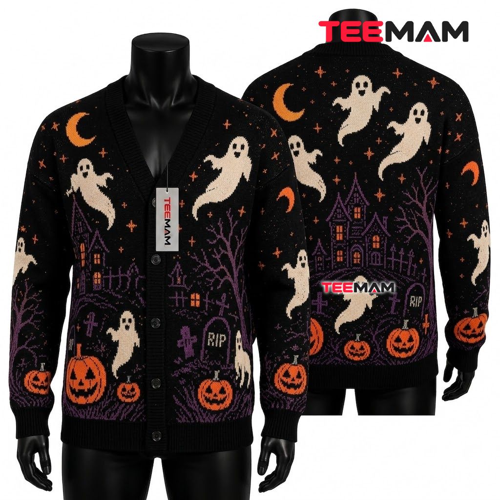 Ghost Halloween Cardigan RIP Tombstone Pumpkin 1