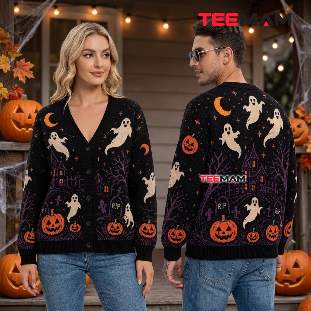 Ghost Halloween Cardigan RIP Tombstone Pumpkin 2 Ghost Halloween Cardigan RIP Tombstone Pumpkin 2