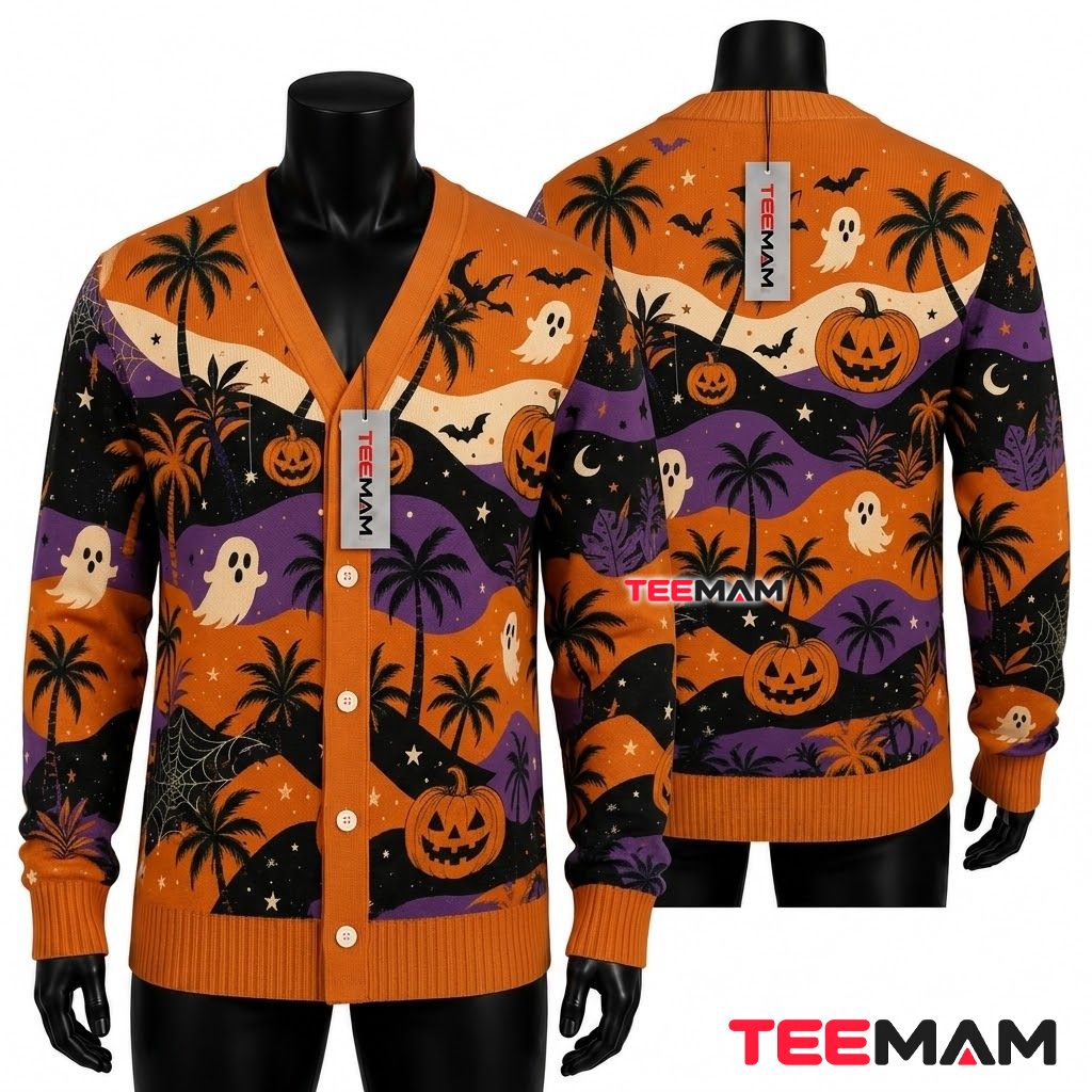 Ghost Halloween Cardigan Tropical Palm Pumpkin 1