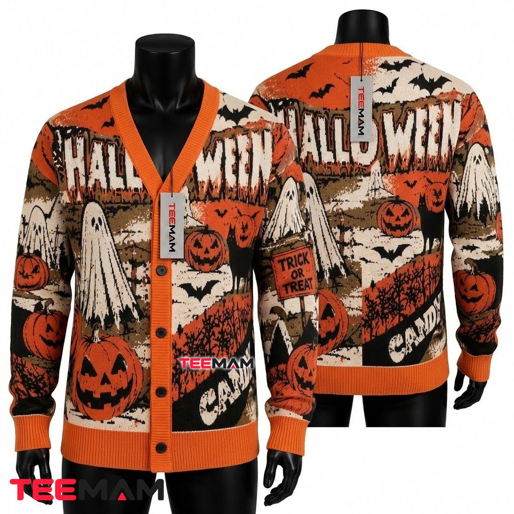 Ghost Halloween Cardigan Vintage Trick Treat Candy 1