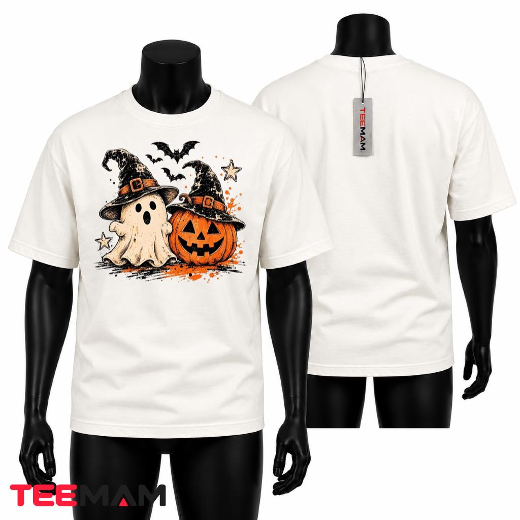 Ghost Pumpkin Halloween T-Shirt Witch Hat Bat