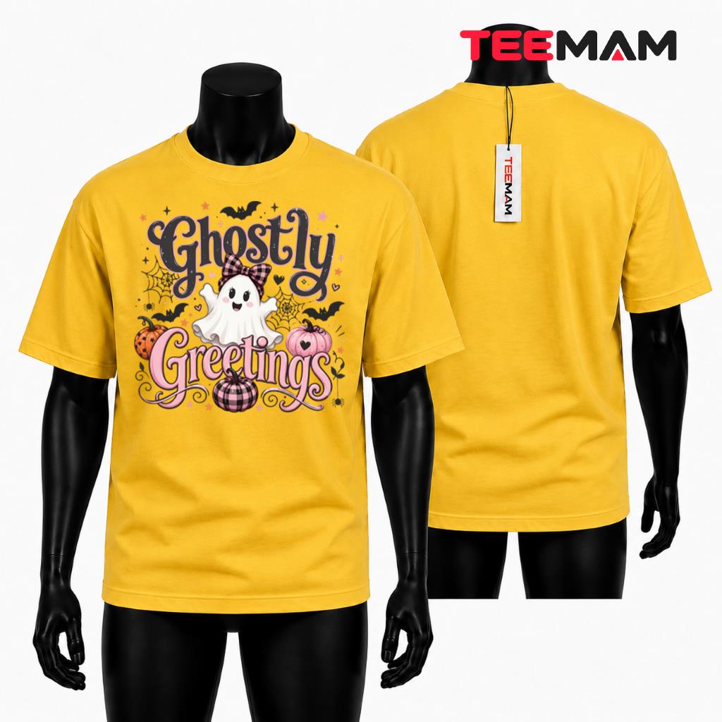 Ghostly Greetings Halloween T-Shirt Pink Pumpkin Bow