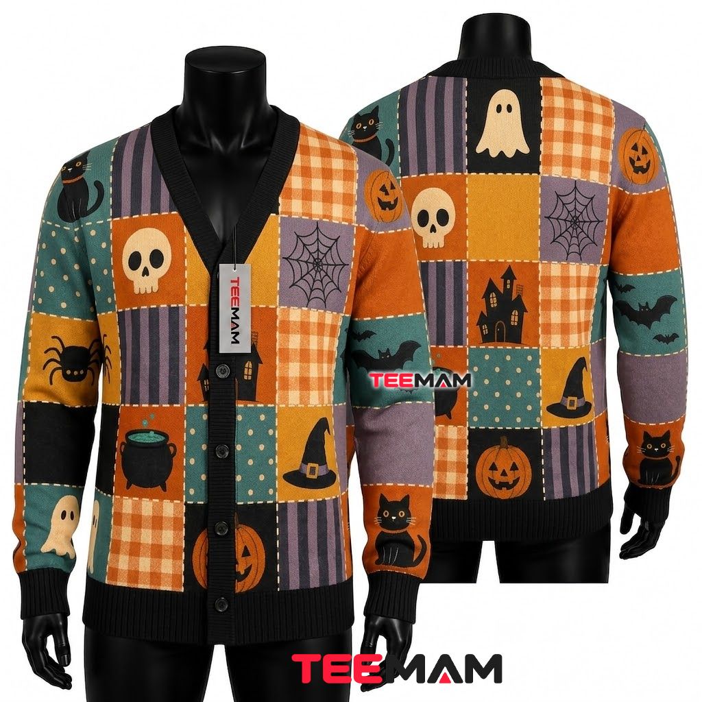 Gingham Halloween Cardigan Skull Spider Cauldron 1