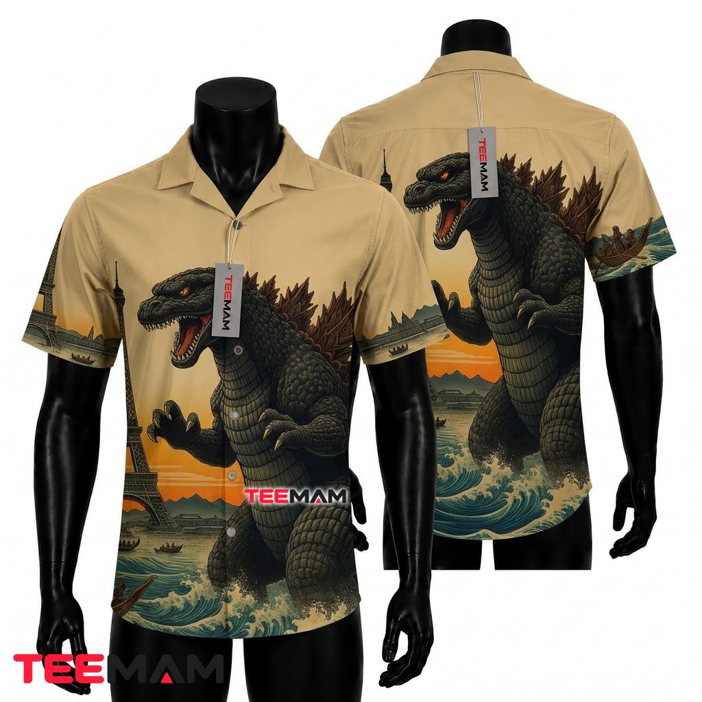 Godzilla Hawaiian Shirt Eiffel Tower Sunset Attack Front