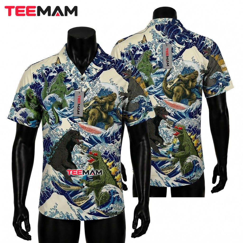 Godzilla Hawaiian Shirt Great Wave Japanese Print Front