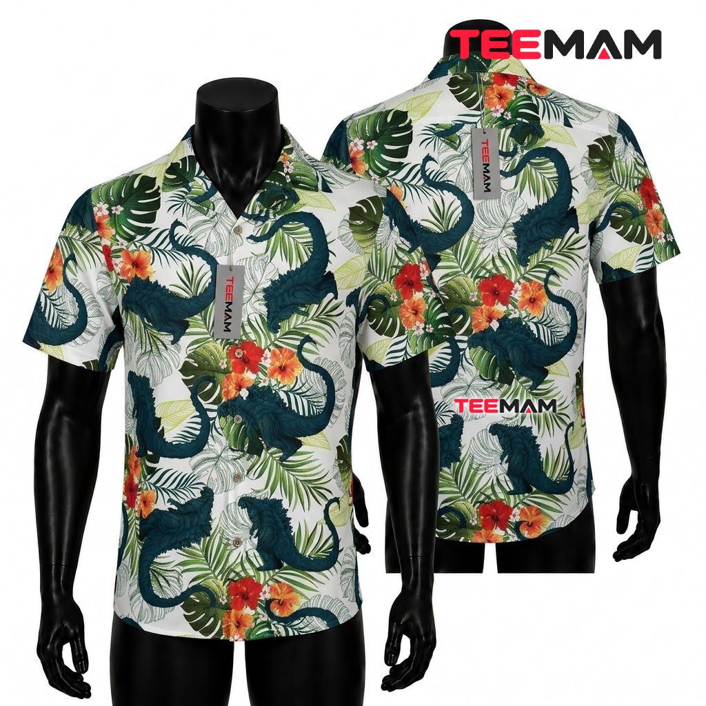 Godzilla Hawaiian Shirt Tropical Hibiscus White Print Front