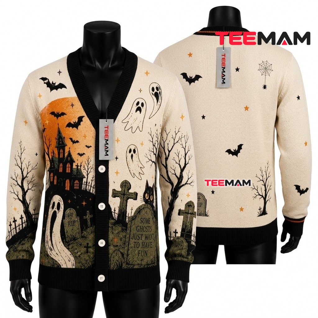 Gothic Halloween Cardigan Haunted House Ghost Black Cat 1