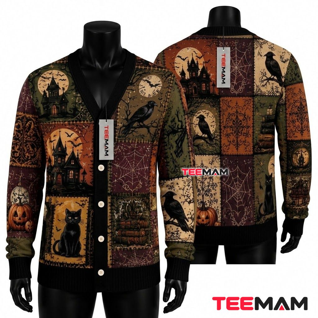 Gothic Halloween Cardigan Patchwork Crow Skull Pumpkin 1