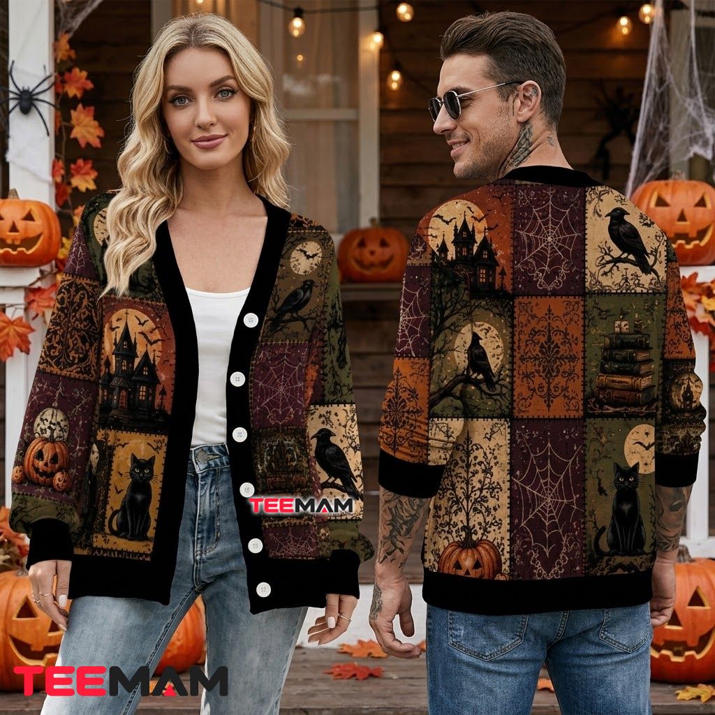 Gothic Halloween Cardigan Patchwork Crow Skull Pumpkin 2 Gothic Halloween Cardigan Patchwork Crow Skull Pumpkin 2