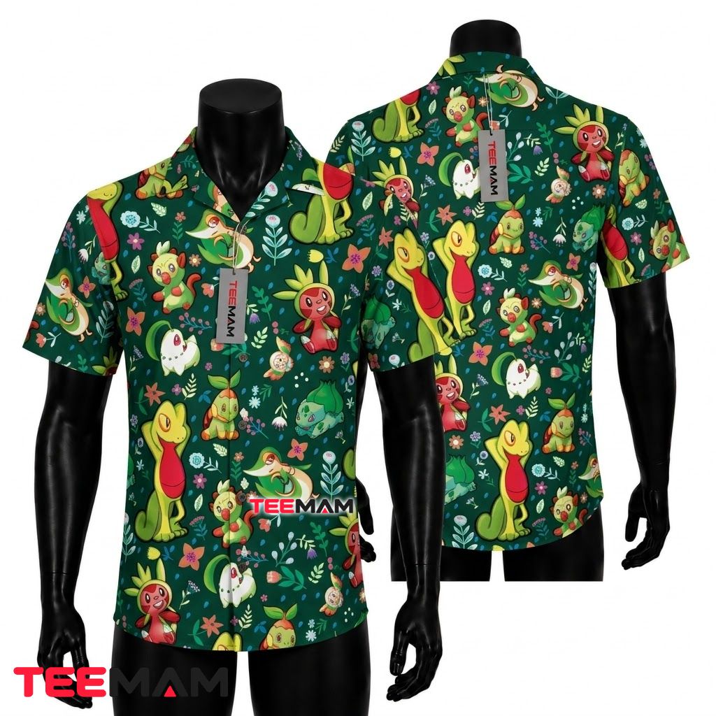 Grass Pokemon Hawaiian Shirt Starter Green Floral Front