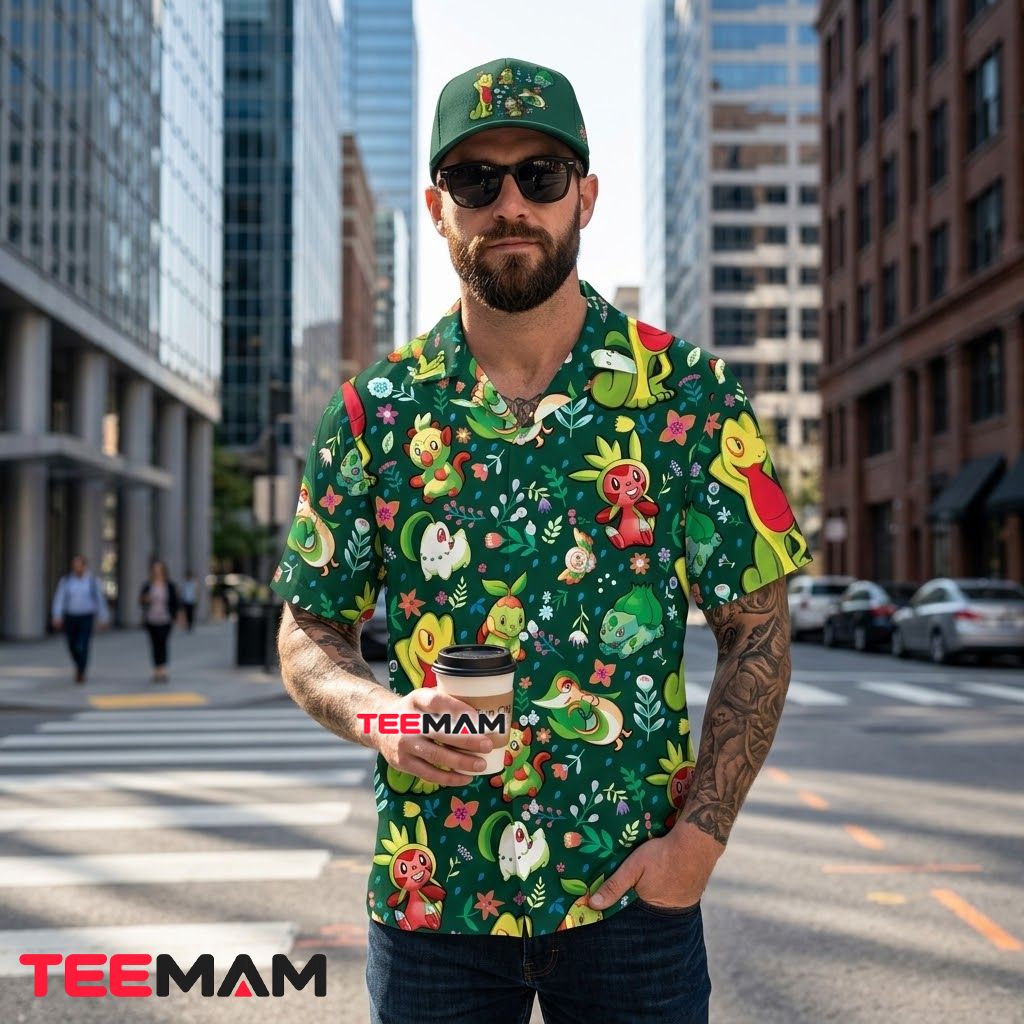Grass Pokemon Hawaiian Shirt Starter Green Floral Back Grass Pokemon Hawaiian Shirt Starter Green Floral Back