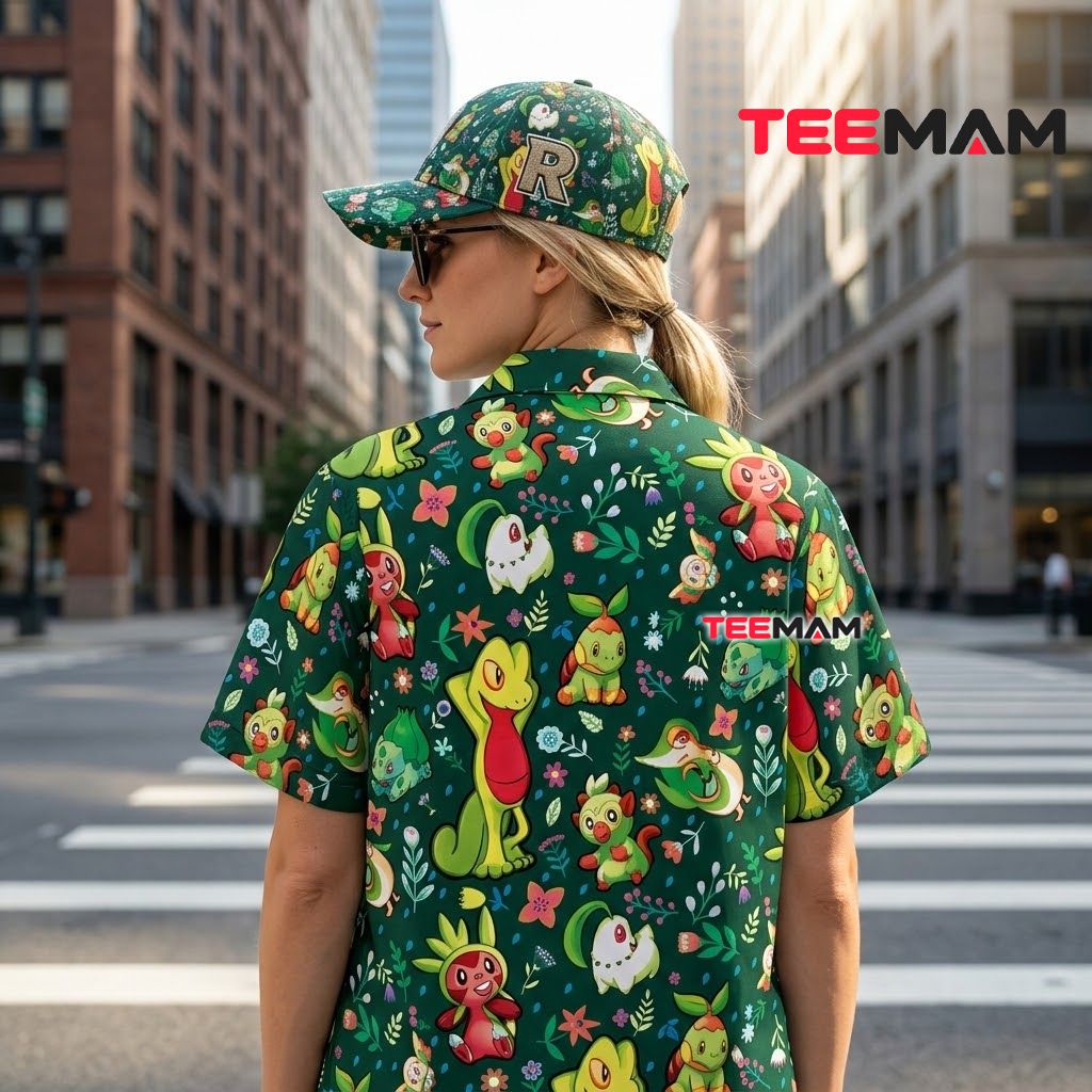 Grass Pokemon Hawaiian Shirt Starter Green Floral Version 3 Grass Pokemon Hawaiian Shirt Starter Green Floral Version 3