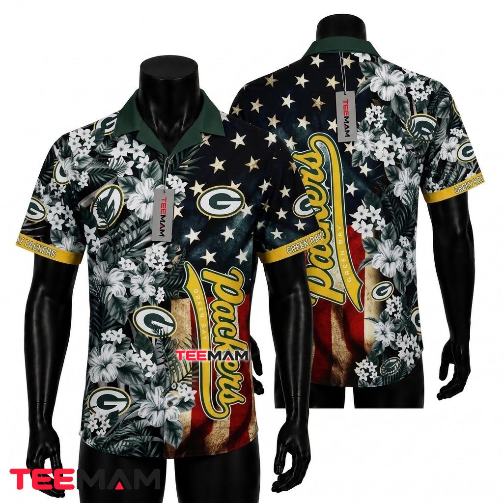 Green Bay Packers Hawaiian Shirt American Flag Tropical Front