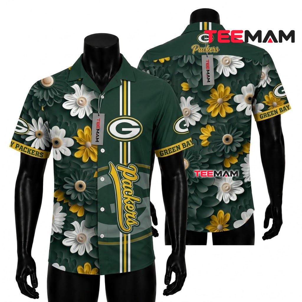 Green Bay Packers Hawaiian Shirt Daisy Stripe Pattern Front
