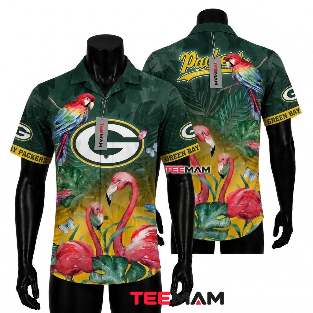 Green Bay Packers Hawaiian Shirt Flamingo Parrot Front