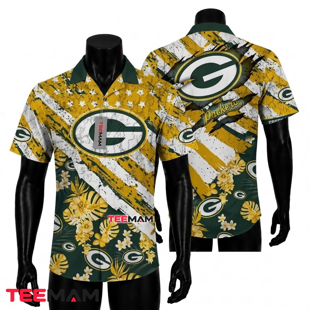 Green Bay Packers Hawaiian Shirt Grunge Floral Front