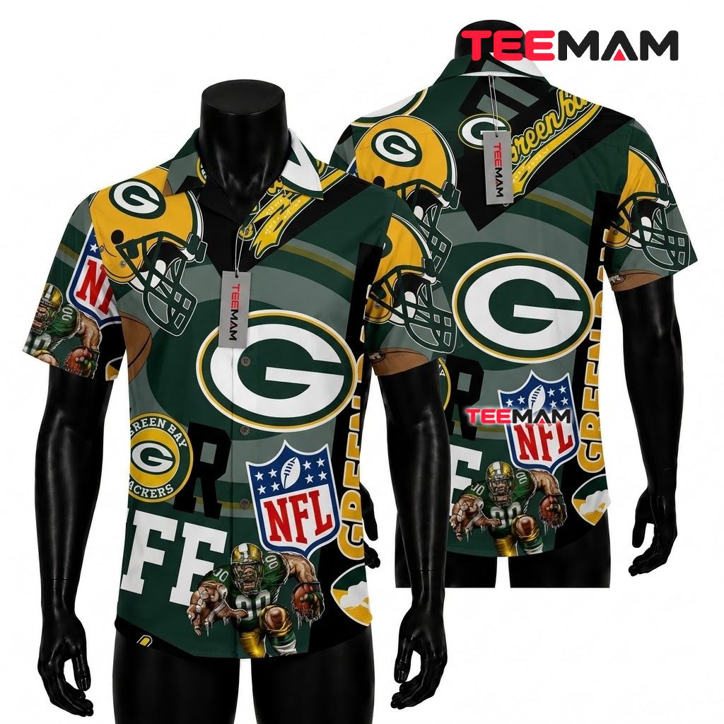 Green Bay Packers Hawaiian Shirt Helmet Mascot Front