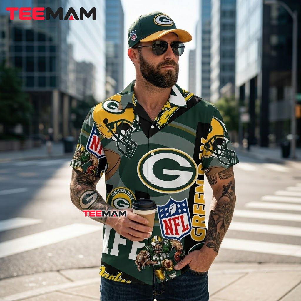Green Bay Packers Hawaiian Shirt Helmet Mascot Back Green Bay Packers Hawaiian Shirt Helmet Mascot Back