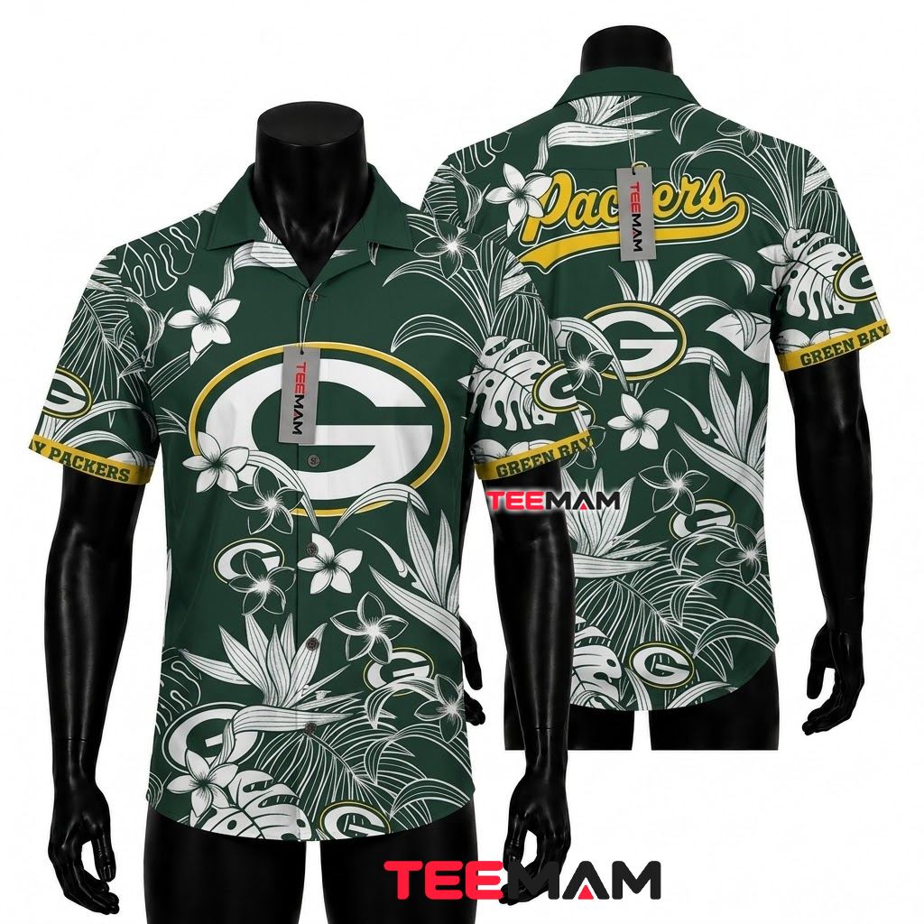 Green Bay Packers Hawaiian Shirt Monochrome Botanical Front