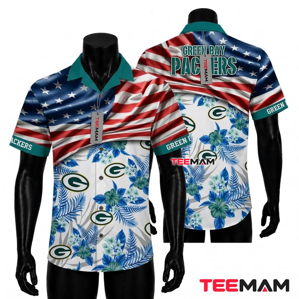 Green Bay Packers Hawaiian Shirt Patriotic Blue Floral Front