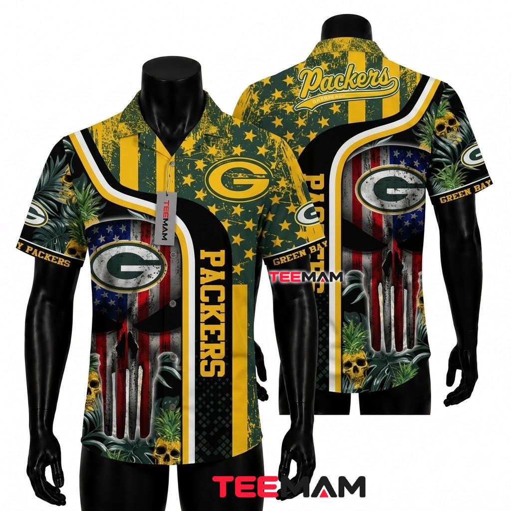 Green Bay Packers Hawaiian Shirt Skull Flag Front