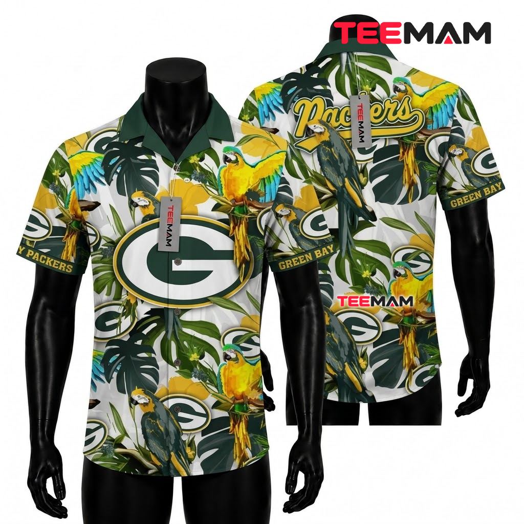 Green Bay Packers Hawaiian Shirt Tropical Parrot Front