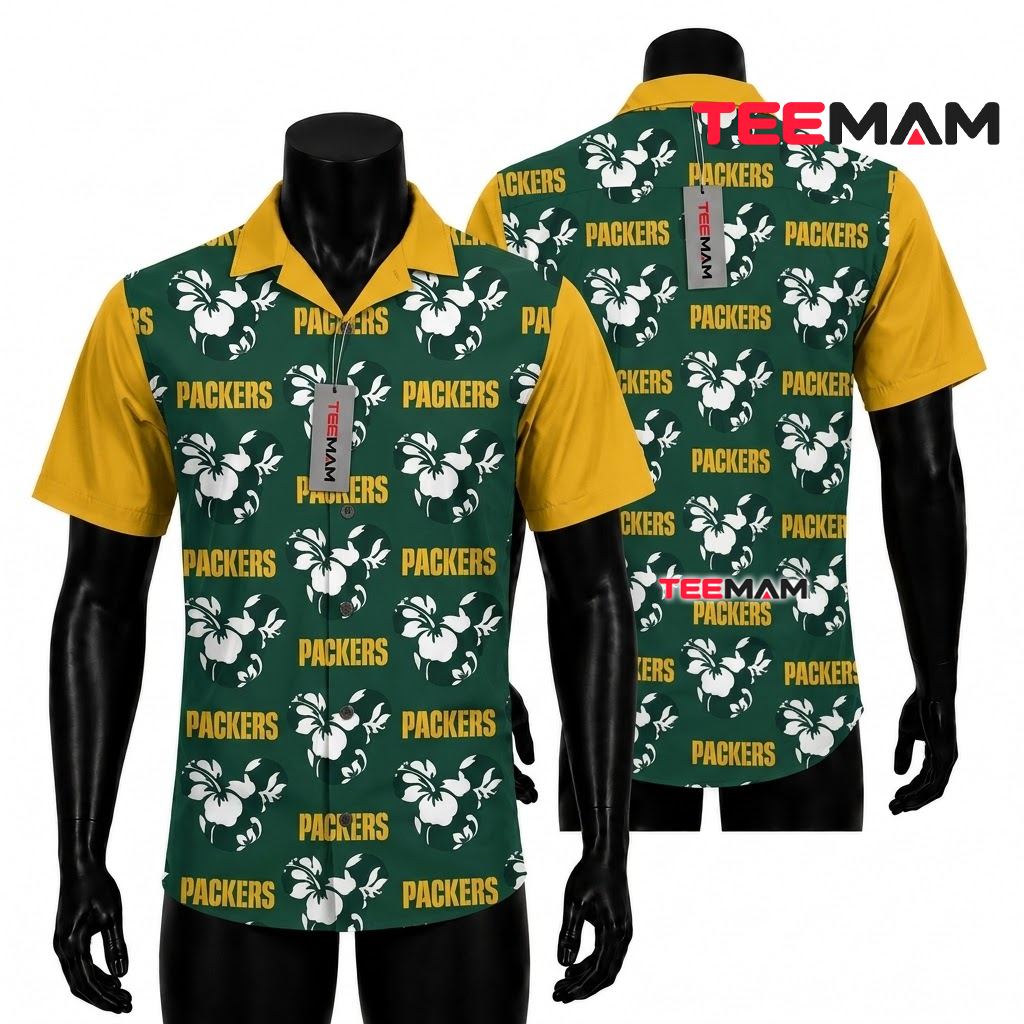 Green Bay Packers Hawaiian Shirt White Hibiscus Front