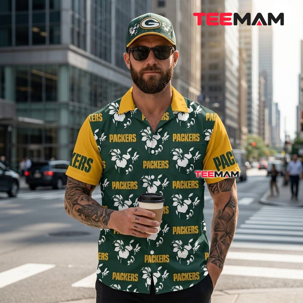 Green Bay Packers Hawaiian Shirt White Hibiscus Back Green Bay Packers Hawaiian Shirt White Hibiscus Back
