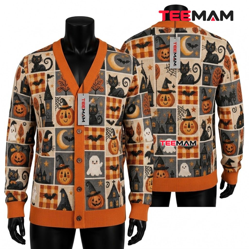 Grid Halloween Cardigan Black Cat House 1