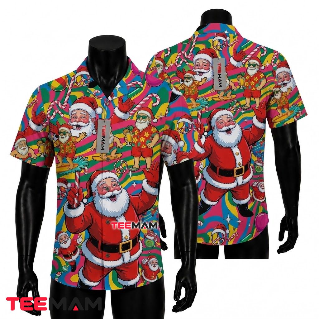 Groovy Christmas Hawaiian Shirt Santa Surfing Psychedelic Colorful Front