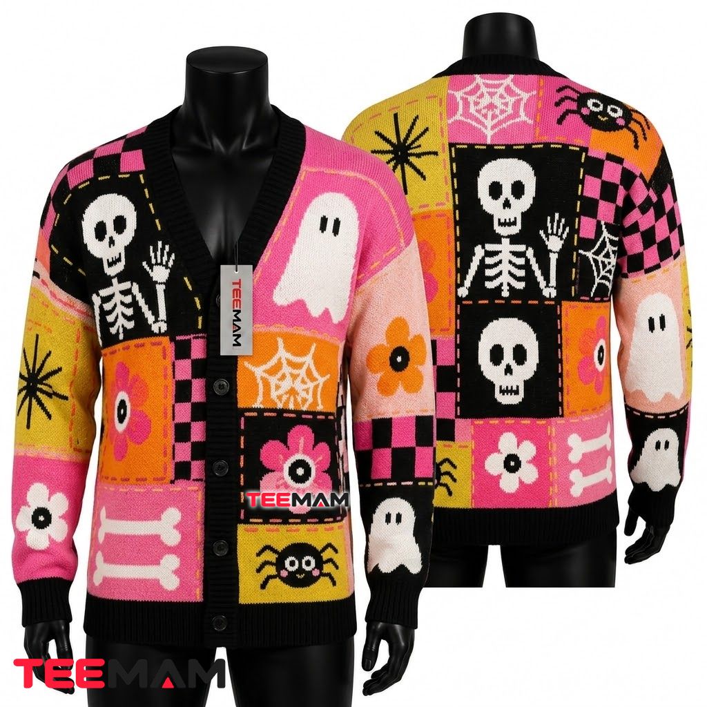 Groovy Halloween Cardigan Skeleton Ghost Flower 1