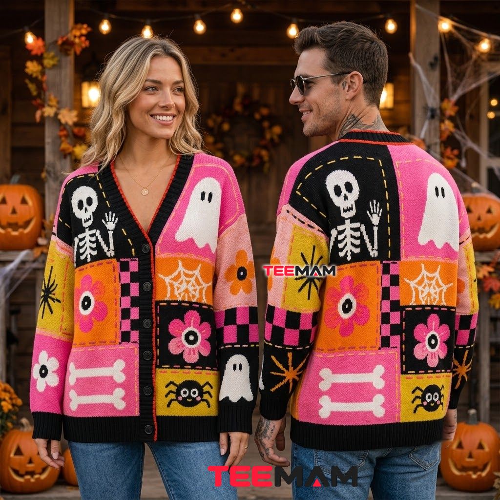 Groovy Halloween Cardigan Skeleton Ghost Flower 2 Groovy Halloween Cardigan Skeleton Ghost Flower 2