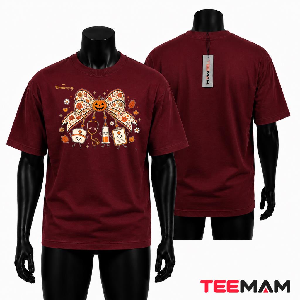 Halloween Nurse T-Shirt Pumpkin Bow Coquette Medical