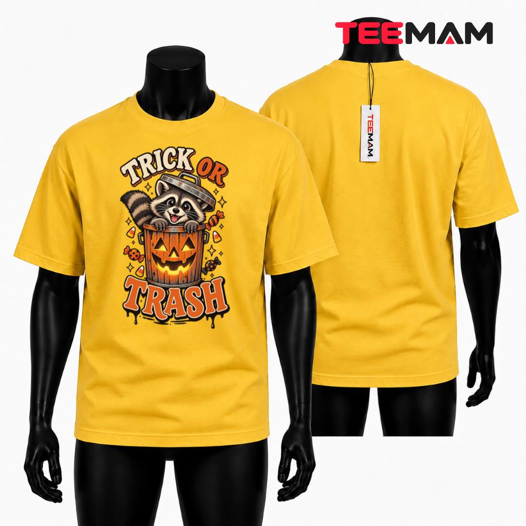 Halloween Raccoon T-Shirt Spooky Trash Can Candy Pumpkin