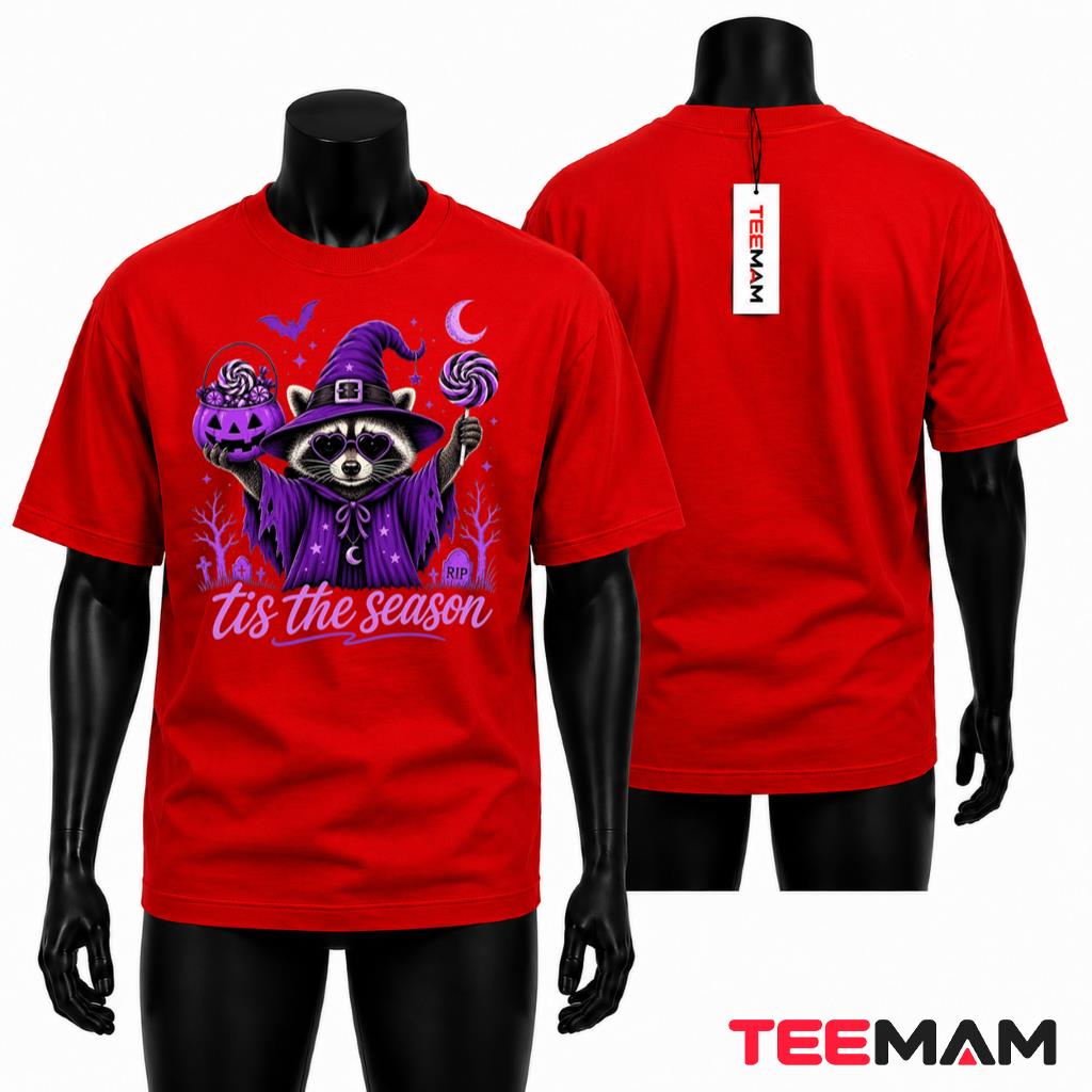 Halloween Raccoon T-Shirt Spooky Witch Purple Lollipops