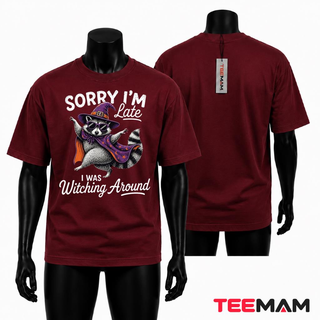 Halloween Raccoon T-Shirt Witch Costume Sorry Late Spooky