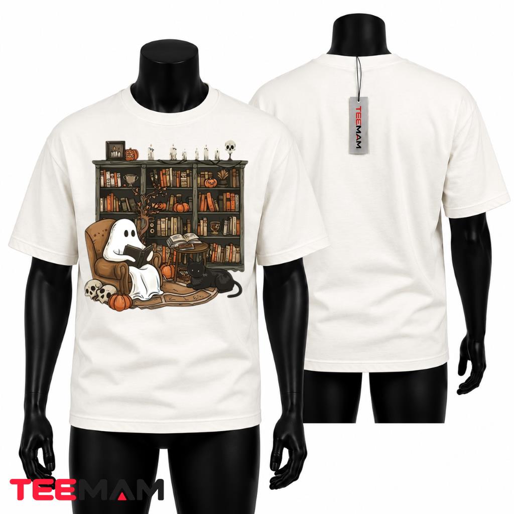 Halloween Reading T-Shirt Ghost Bookshelf Cat