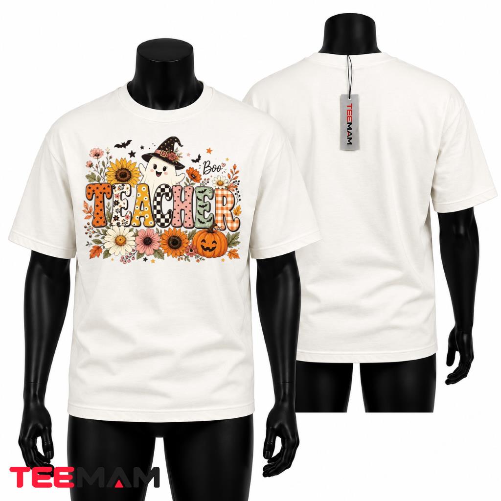 Halloween Teacher T-Shirt Floral Ghost Sunflower