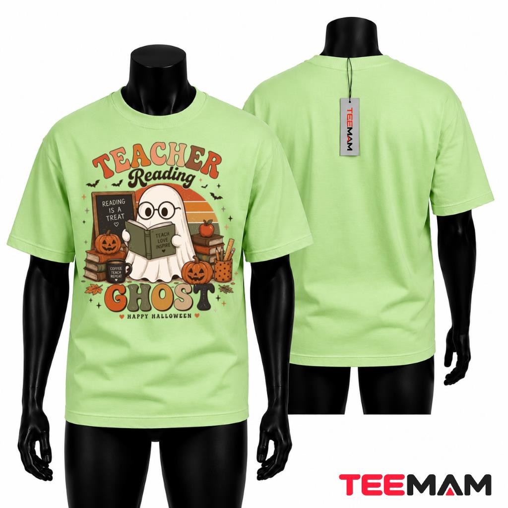 Halloween Teacher T-Shirt Reading Ghost Retro