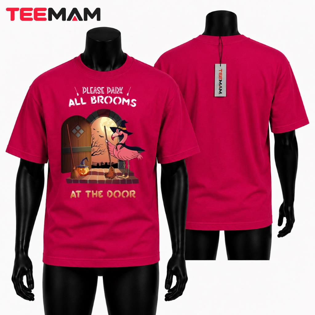 Halloween Witch Flamingo T-Shirt Please Park All Brooms At The Door