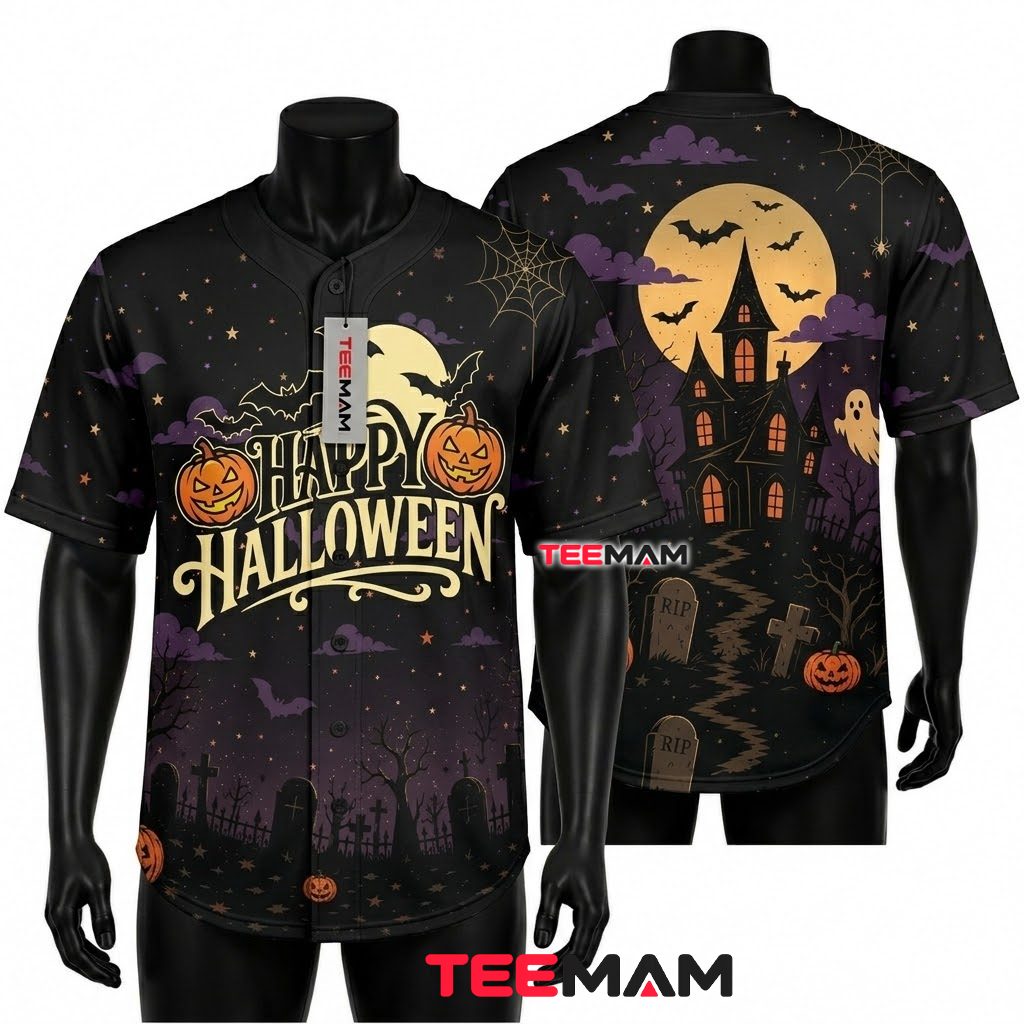Happy Halloween Baseball Jersey Haunted House Graveyard Black 1
