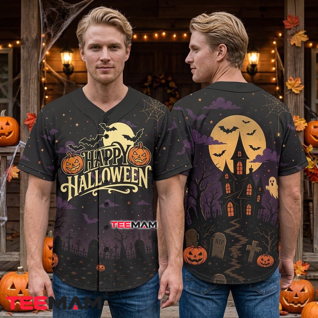 Happy Halloween Baseball Jersey Haunted House Graveyard Black 2 Happy Halloween Baseball Jersey Haunted House Graveyard Black 2