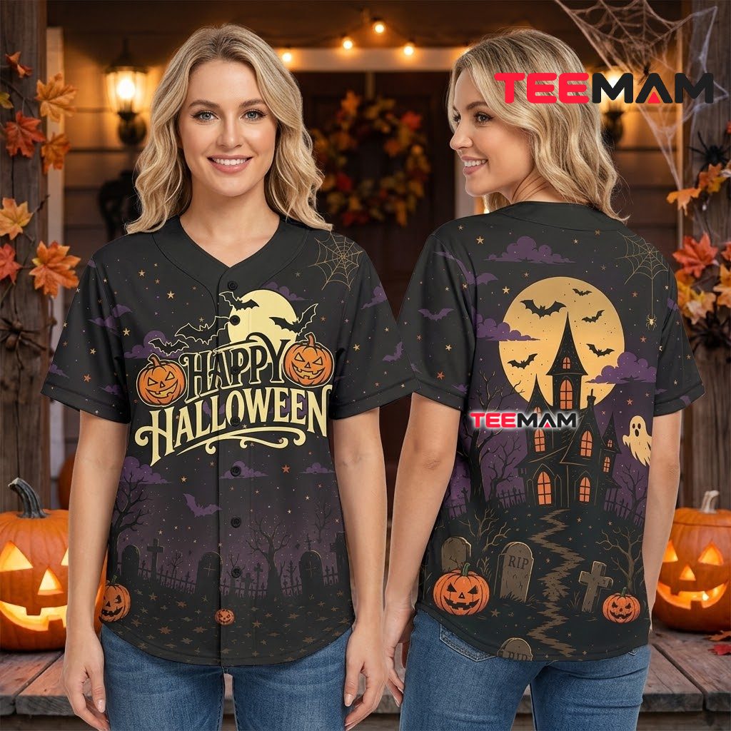 Happy Halloween Baseball Jersey Haunted House Graveyard Black 3 Happy Halloween Baseball Jersey Haunted House Graveyard Black 3
